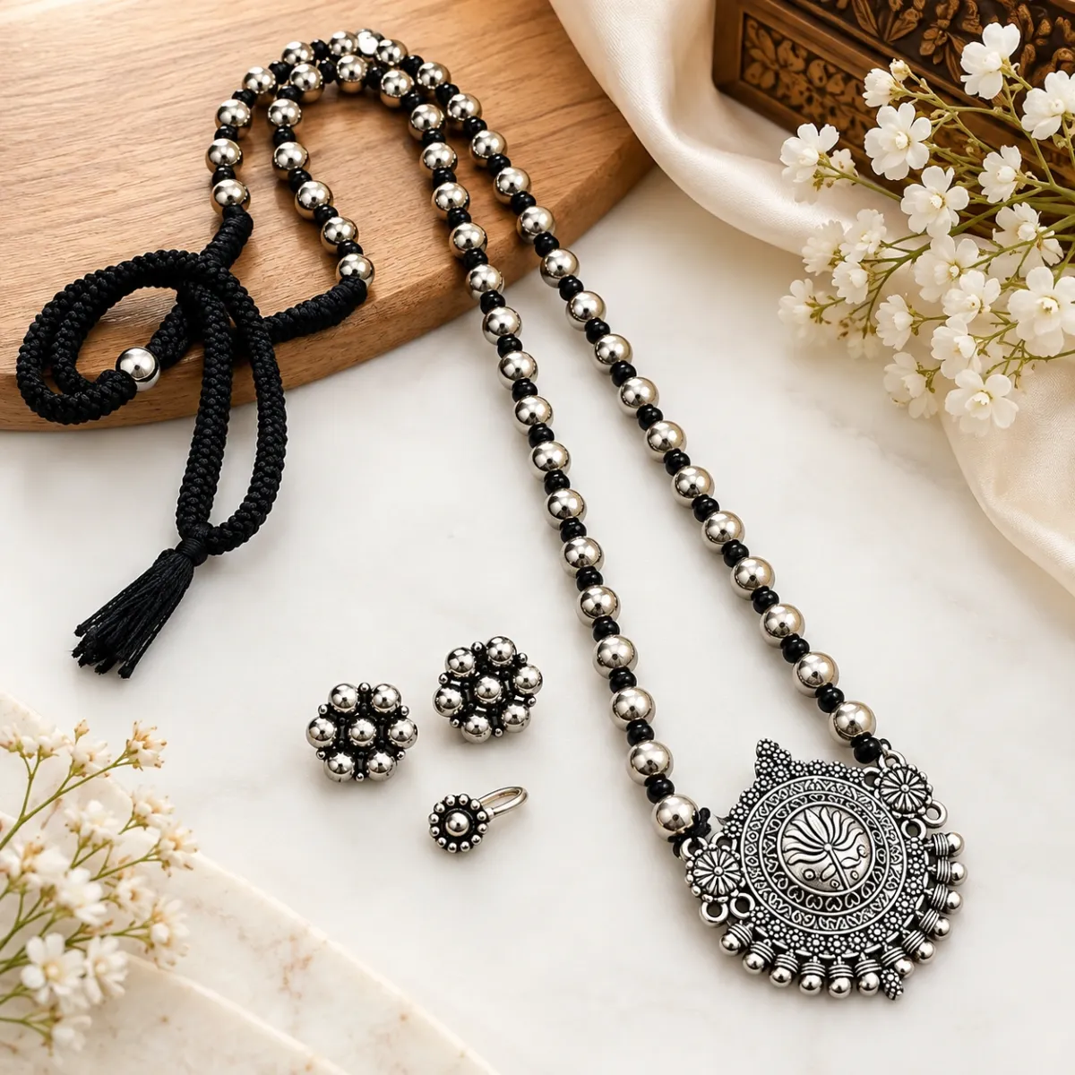 Trendy Beaded Long Chain Oxidised Jewellery Set