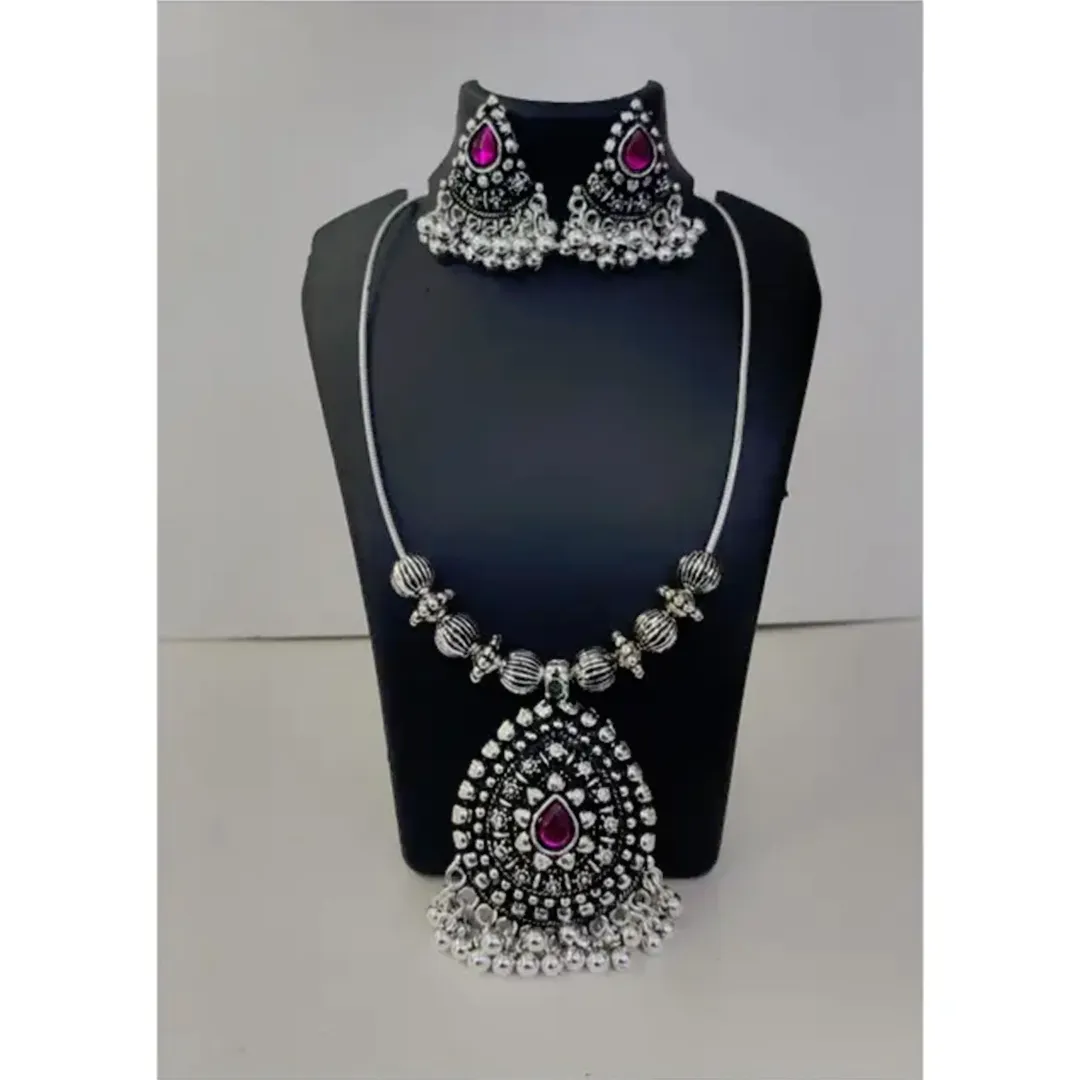 Pink Teardrop Pendant Oxidised Jewellery Set